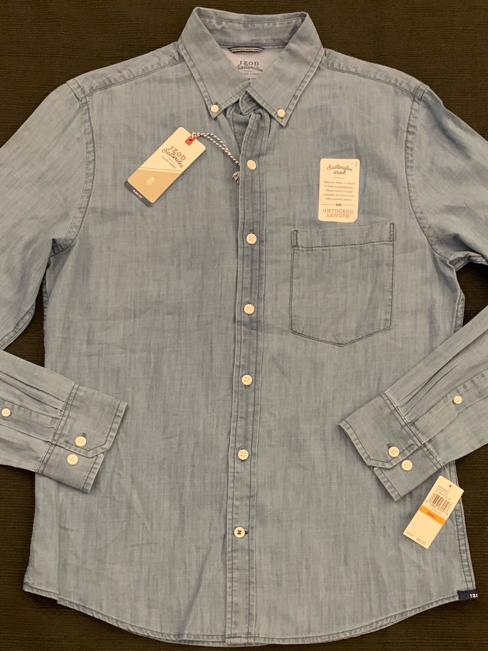 IZOD SALTWATER BLUES LS Untucked Length Slim Fit Lt Indigo Shirt